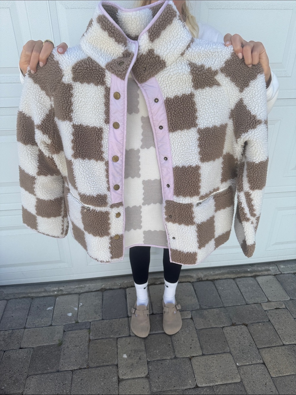 Checkerboard Sherpa Jacket in Cream & Brown - Picture 2 of 3